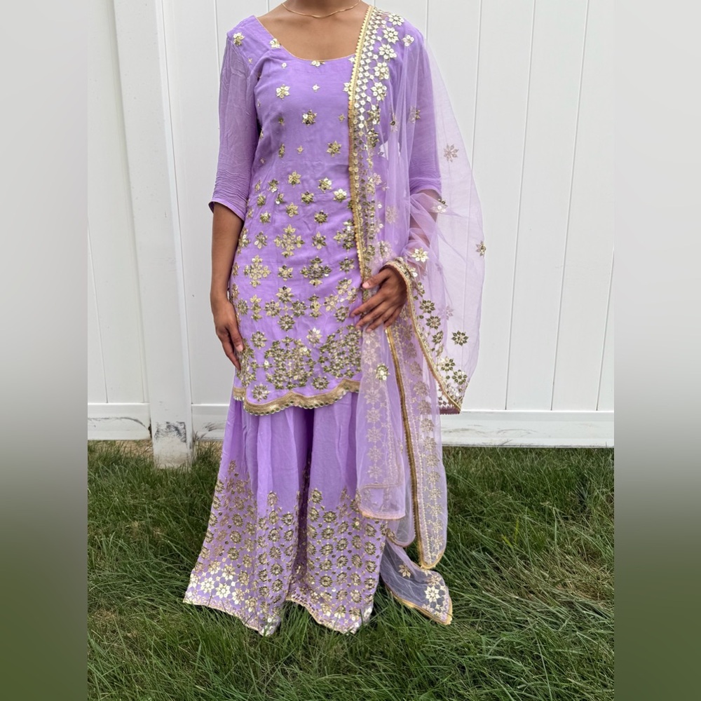 Purple and Gold Embroidered Sharara Outfit